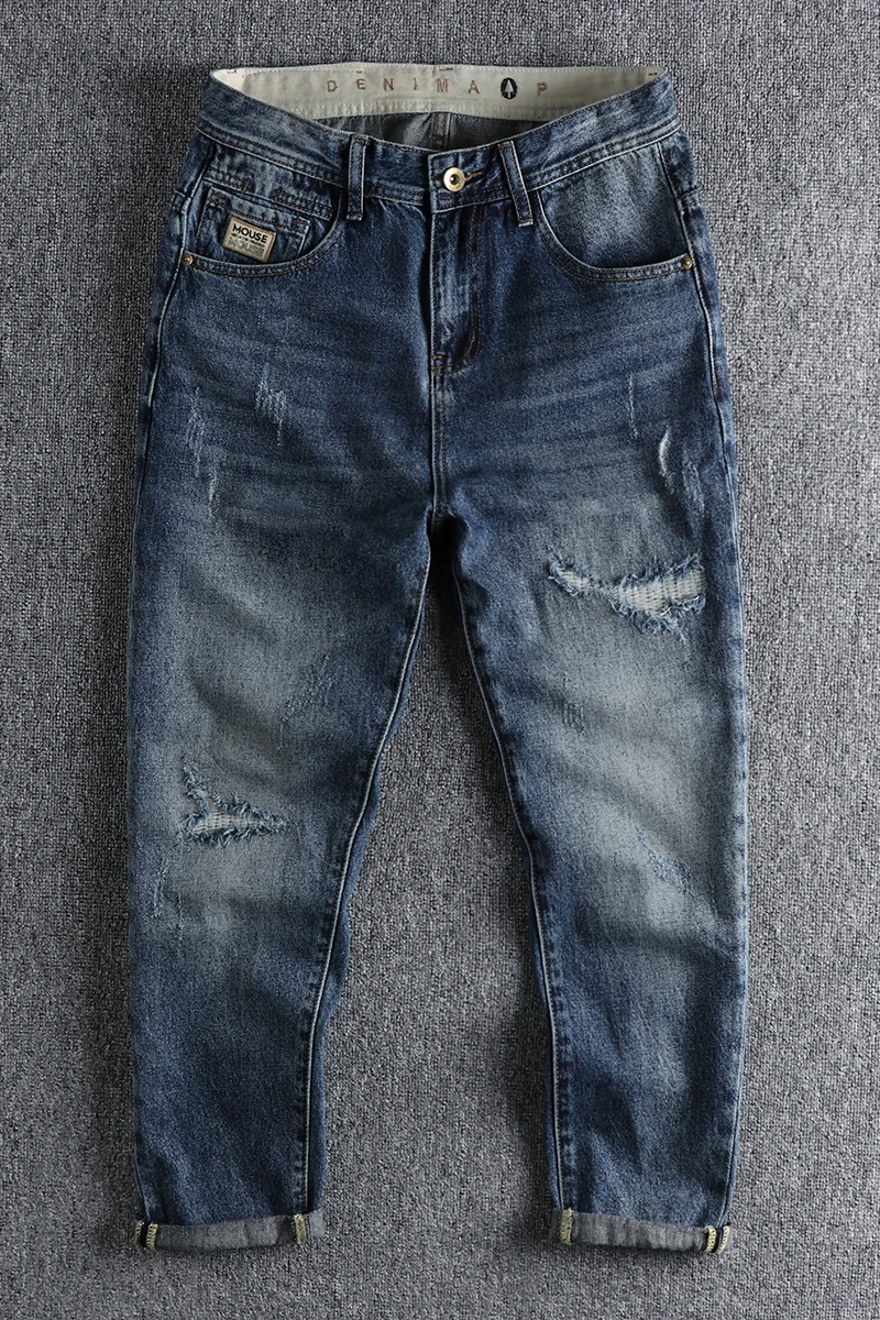 Heavy craft washing in autumn and winter makes old ripped jeans, men's loose straight trend youth harem pants nine points