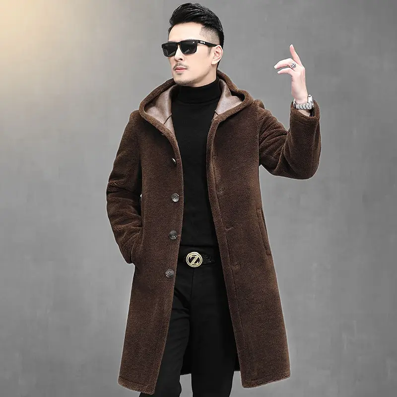 

2022 Men's Autumn Winter Fashion Long Sheep Shearing Coats Male Pockets Hooded Outerwear Men Genuine Wool Fur Jackets G378