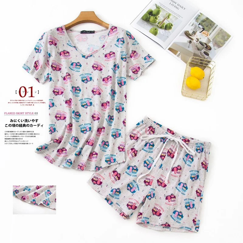Summer Pajamas Set Short Sleeve T-shirt Shorts 2Piece/Set Sexy Cartoon Pyjama Big Size Mom Homewear Cozy Plus Sleepwear