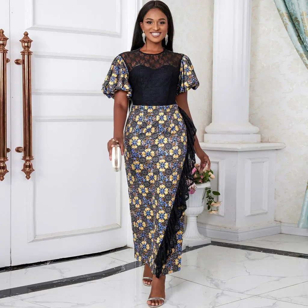 

Элегантные платья для женщин 2023, вечерние юбки, черные кружевные африканские платья с оборками, облегающее платье с круглым вырезом и цветочным принтом