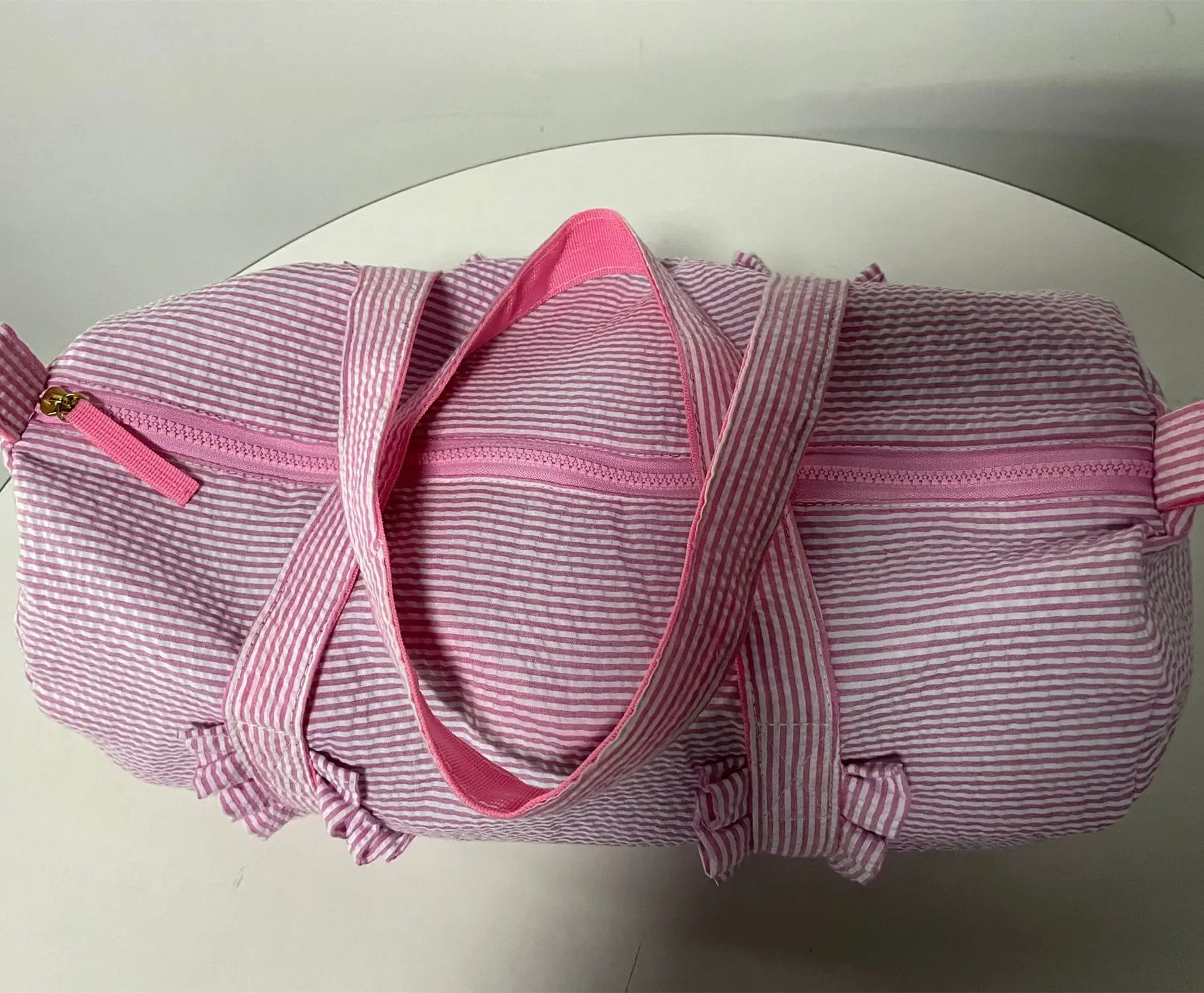 Kids Seersucker Ruffle Duffle Bags Pink/Purple Soft Preschooler Seersucker Traveling Backpack Bags For Vacation School Domil103