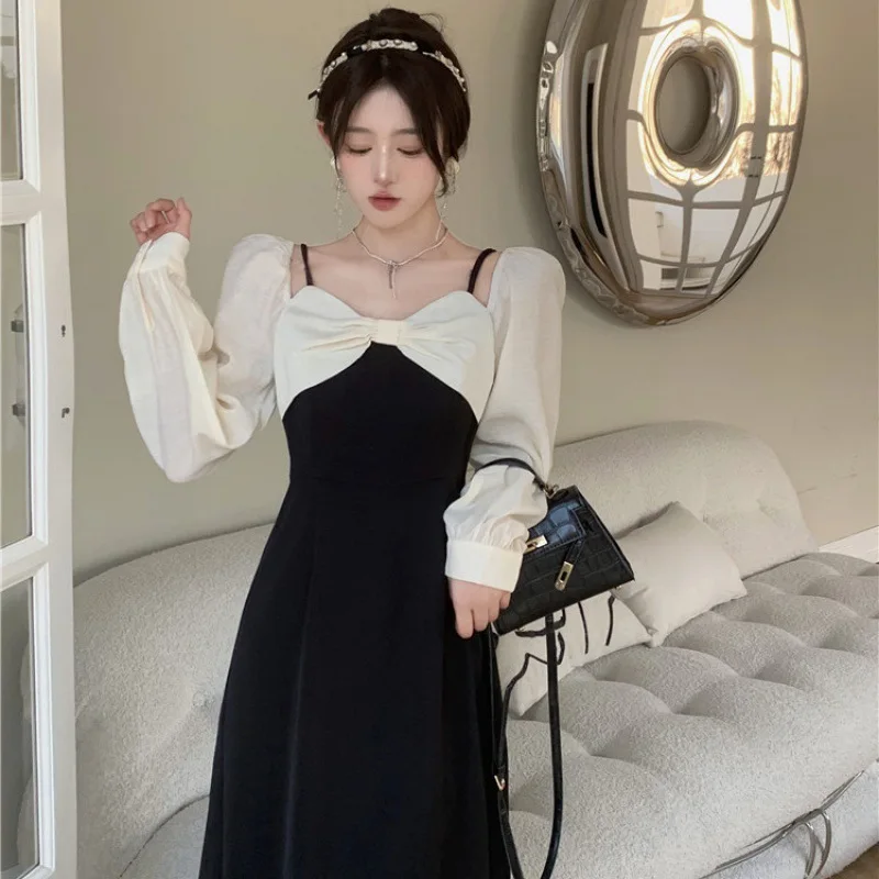 

Осенне-зимнее новое платье во французском стиле в стиле пэчворк с длинными рукавами нишевая дизайнерская облегающая черная длинная юбка с завышенной талией