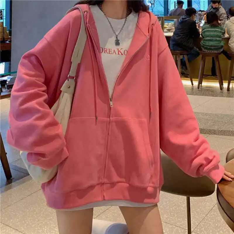 

Hooded Sweatshirts Women Zip-up Spring Autumn Front Pocket Loose Korean Style Solid Color Casual Students Chic All-match Coats