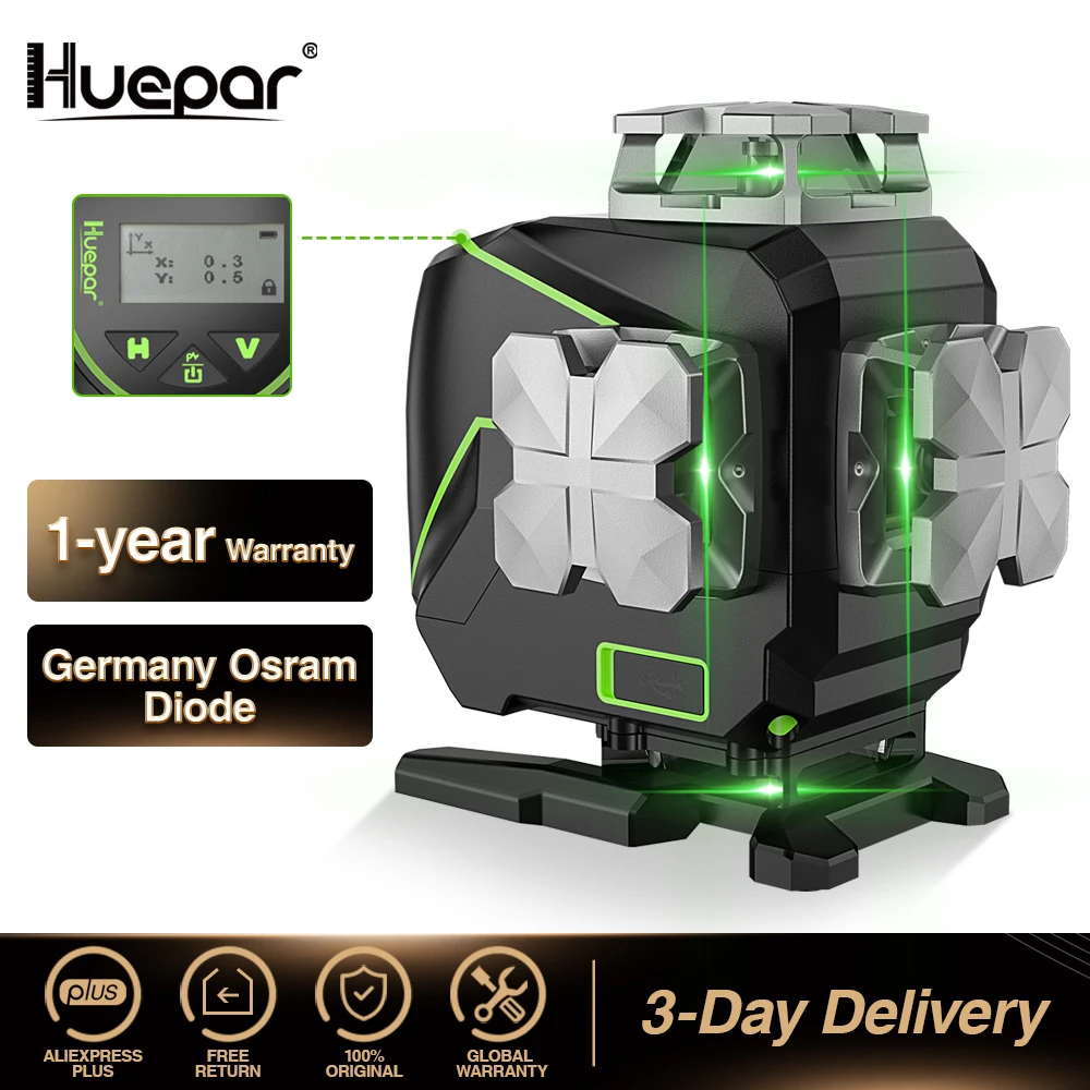 Huepar S04CG 16 lines 4D Cross Line Laser Level Bluetooth & Remote Control Functions Green Beam Lines With Hard Carry Case