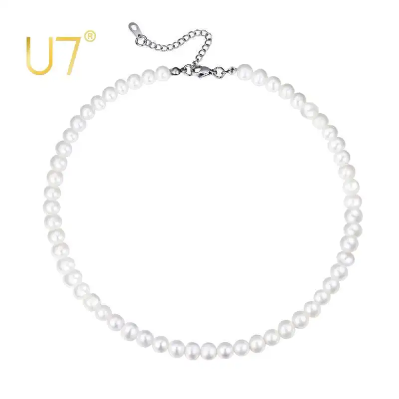 

U7 Pearl Choker Necklaces Sterling Silver 8mm Round White Simuletd Shell Pearl Necklace Strand for Men Women 16"