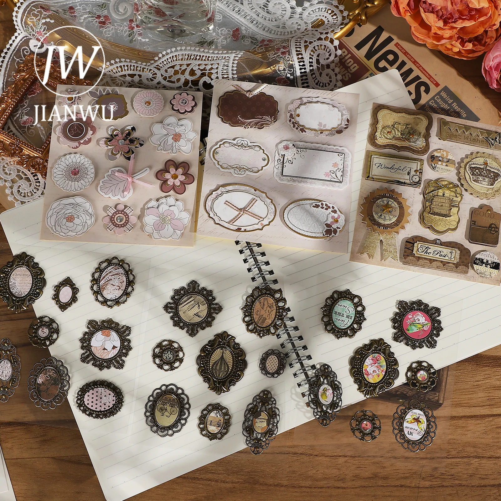 

JIANWU 6 Pcs/set Vintage 3D Metal Decor Stickers Material Patch Card Set Creative DIY Journal Collage Stationery