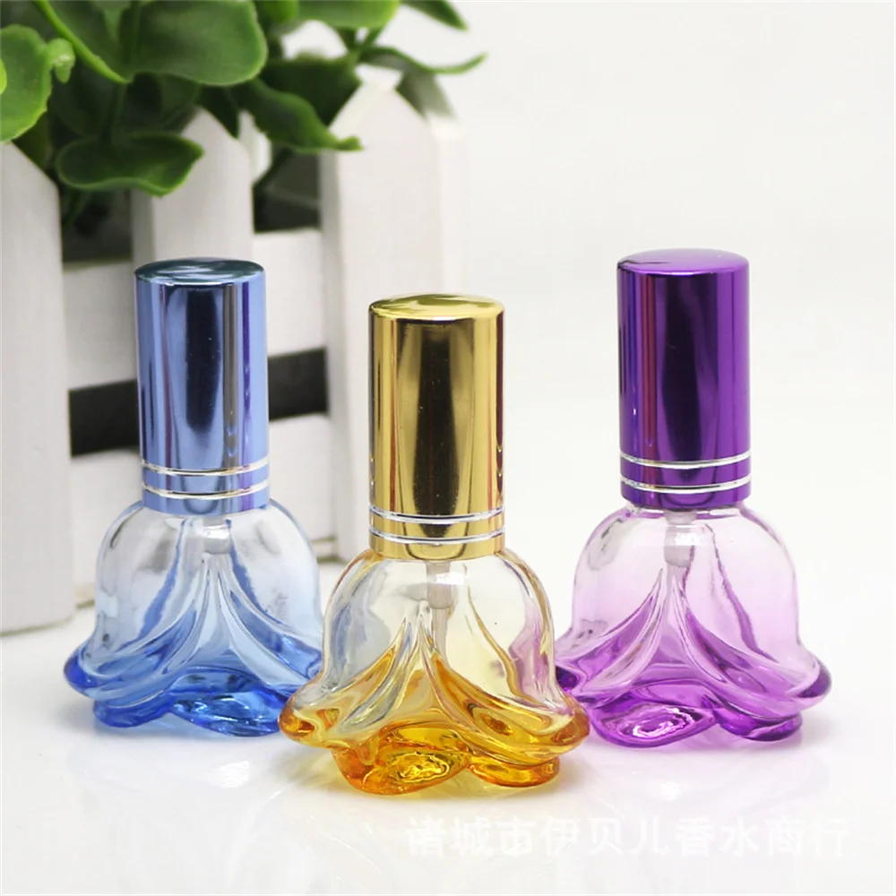 

6ml Colorful Rose Shaped Empty Glass Perfume Bottle Small Sample Portable Parfume Refillable Scent Sprayer Bottle