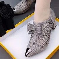 hollow women shoes mesh breathable bow knot clear rhinestone heels side zipper single shoes comfy high pump pointed toe sandals
