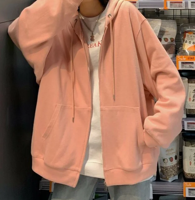 

A Spring and autumn 2021 solid color hooded sweater women loose Korean style lazy style zipper thin cardigan jacket