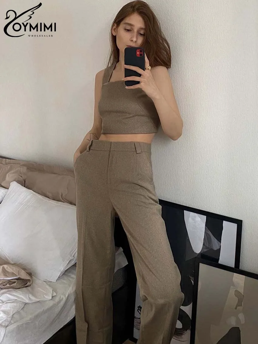 

Oymimi Casual Brown Cotton Sets For Women 2 Pieces Elegant Slip Square Collar Crop Tank Tops + High Waist Straight Trousers Sets