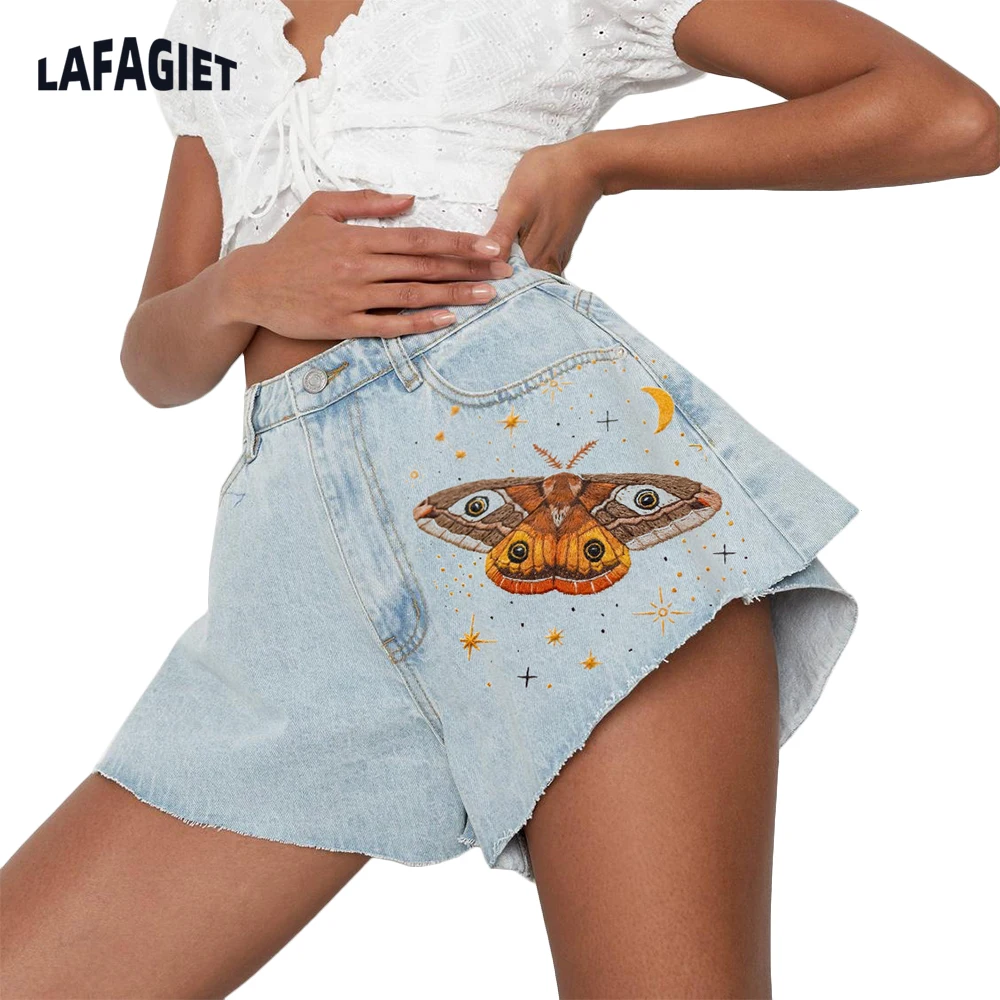 

Printed Women Shorts Boot Cut Jeans Fashion High Waist Zipper Fly Flared Denim Shorts Casual Loose New Oversize Girl Jean Shorts