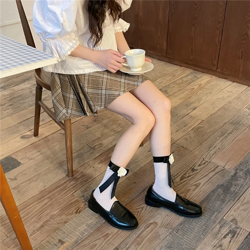 

Women Knee High Socks Lovely Camellia Bowknot Calf Socks Thin Summer Socks