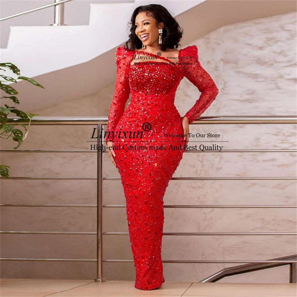 

Sparkly Red Sequined Prom Dresses With Beaded Full Sleevs Aso Ebi Evening Party Gowns Long Formal Women Sheath robes de soirée