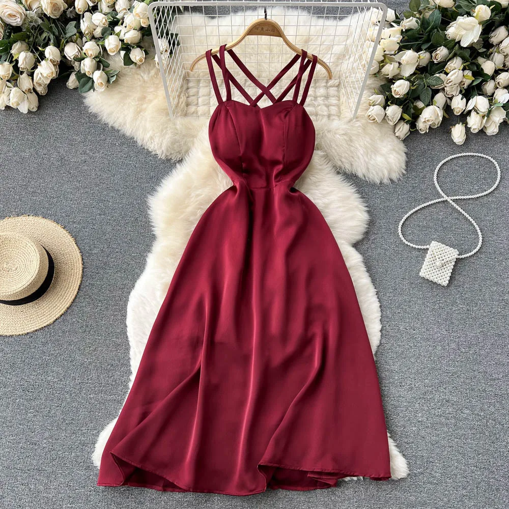 

2022 summer new suspender dress over the knee skirt Black