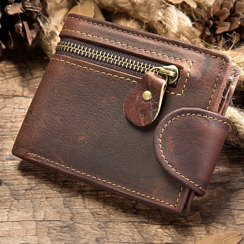 

Маленький мужской кошелек с RFID-блокировкой, винтажный бумажник из натуральной воловьей кожи, мужской кошелек ручной работы с двойным сложением для мелочи, короткий бумажник