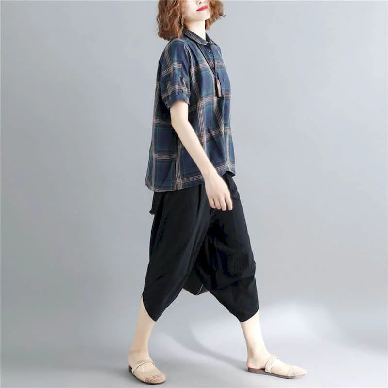 Рубашки из хлопка и льна для женщин винтажный клетчатый пуловер с рукавом до