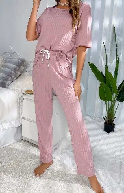 

New Fashion 2023 Summer Casual Home Womens Two Piece Sets Outfit Round Neck Drawstring Cable Textured Pajamas Set