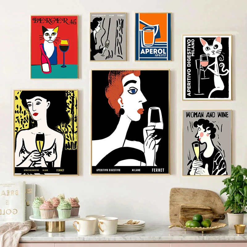 

Modern Multicolored Abstract Woman Cat Wine Wall Art Canvas Painting Picture Posters and Prints Gallery Aisle Unique Home Decor