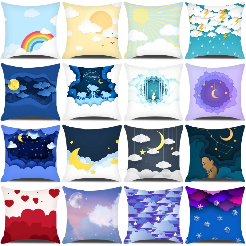 Beautiful Night Sky Printed Pillowcase Square Pillow Case Cartoon Moon Stars Pillow Cover Kid's Gifts Room Decor Cushion Cover