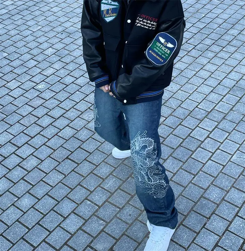 Jeans men's and women's retro blue embroidered dragon pattern jeans high-waisted loose and thin drapey mopping pants