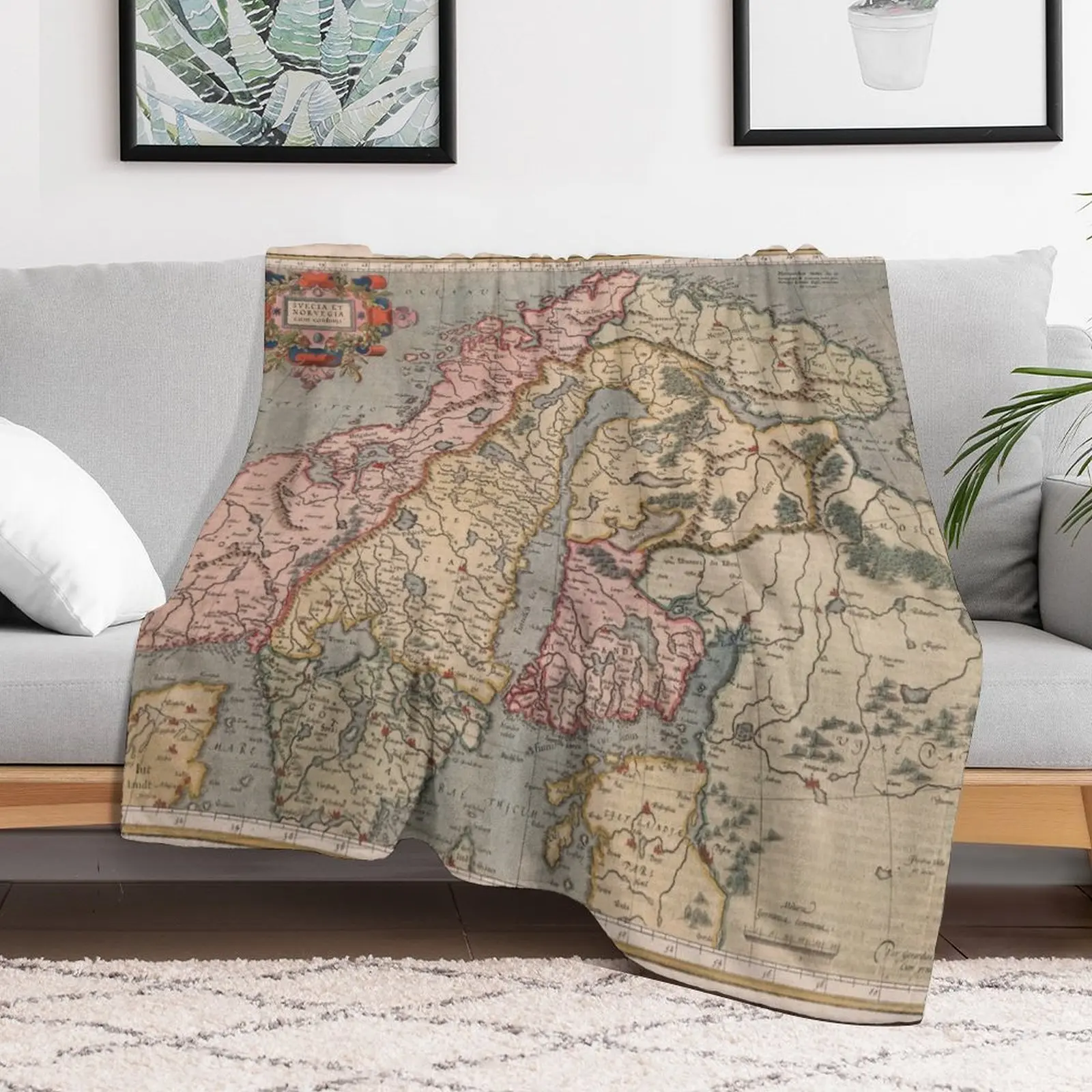 Старинная карта Скандинавии (1623) винтажное одеяло в норвежском и шведском стиле