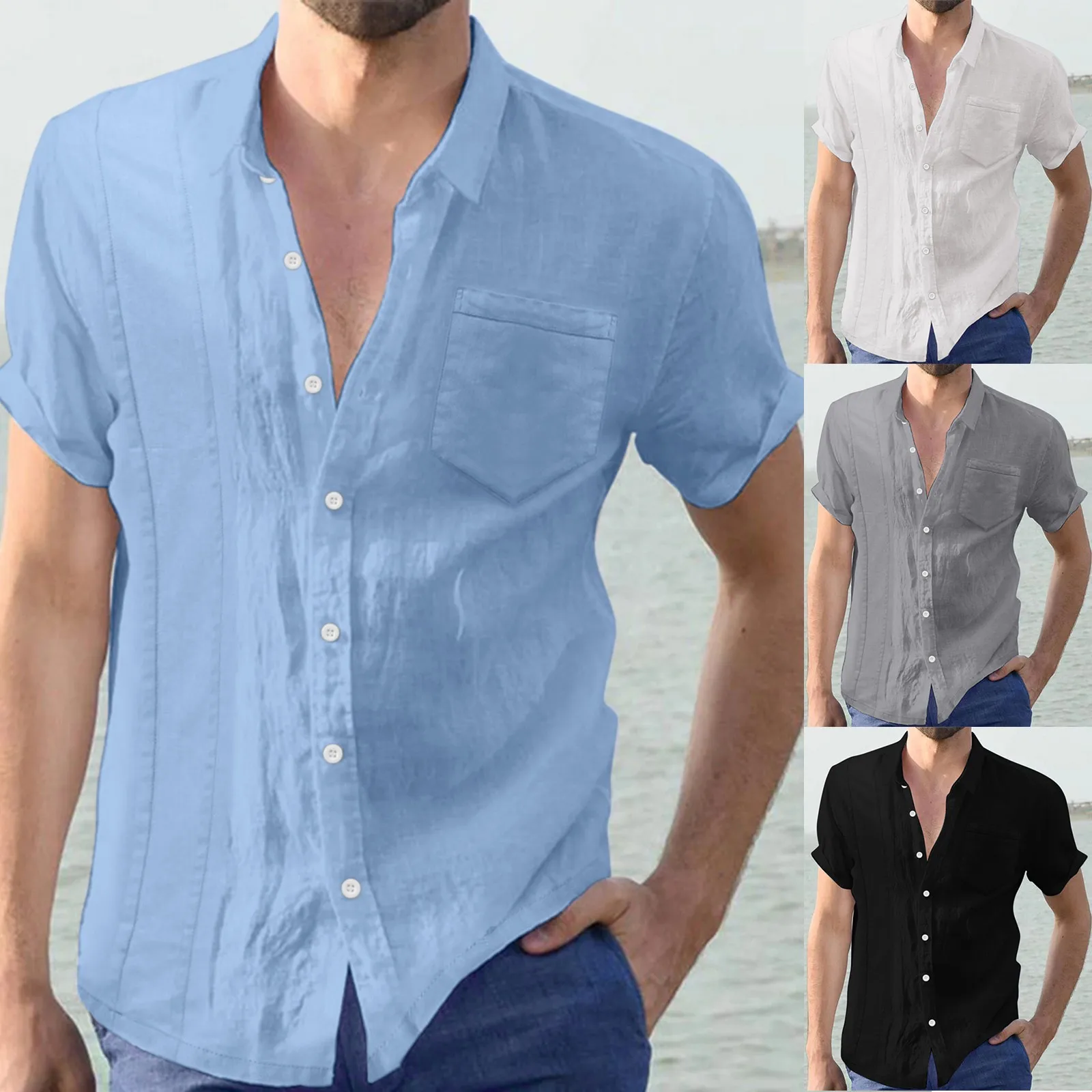

2021 New Men's Casual Blouse Cotton Linen Shirt Loose Tops Short Sleeve Tee Shirt Spring Fashion Brand Casual Handsome Men Shirt