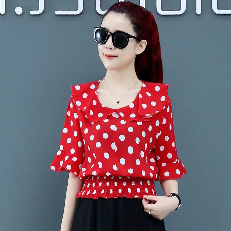 

Elegant Ruffles Spliced Shirring Polka Dot Blouse Women's Clothing 2023 Summer New Casual Pullovers Korean Flare Sleeve Shirt