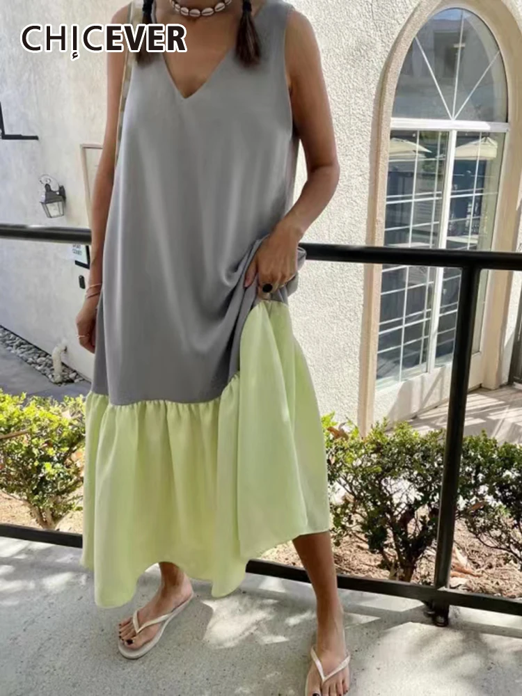 

CHICEVER Hit Color Sundresses For Women V Neck Sleeveless Off Shoulder High Waist Spliced Pockets Loose Midi Summer Dress Female