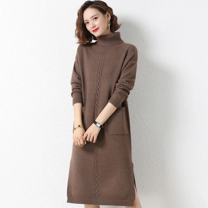 

Winter Autumn Long High Collar Knit Sweater Dress Women Jumpers Ladies Big Pocket Turtleneck Hem Split Fork Knitted Tops Female