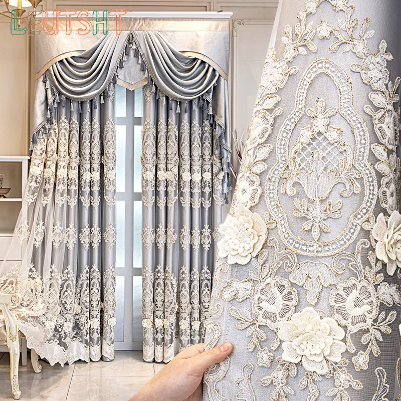 European-style Curtains for Living dining Room Bedroom Luxury Gray Curtains French Double-layer Embossed Embroidery tulle Custom