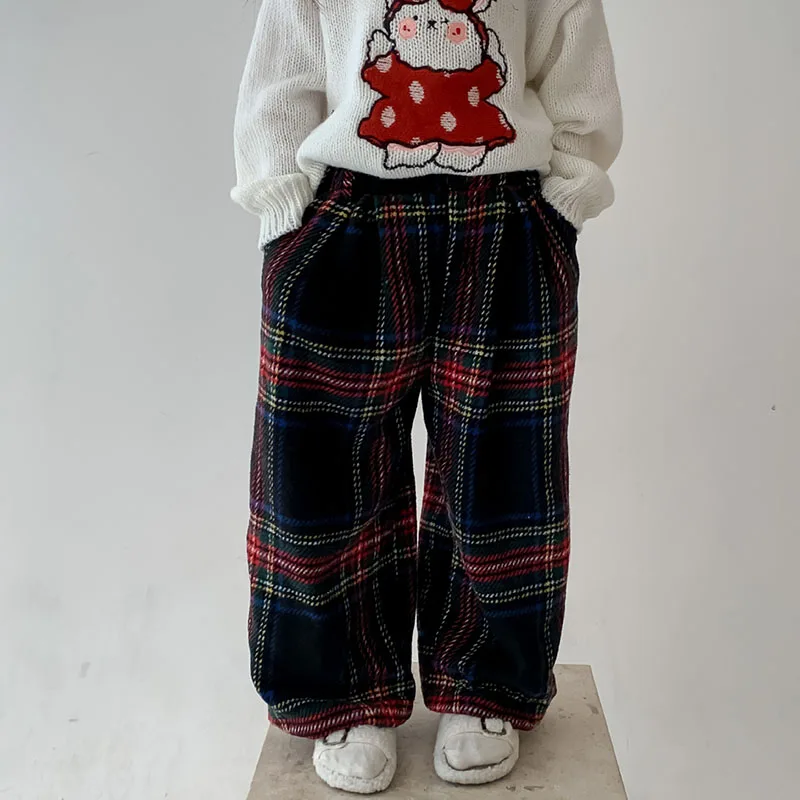 

Клетчатые Шерстяные брюки с высокой талией для девочек, детская одежда в Корейском стиле, новинка зима 2023, утепленные широкие брюки 4-73