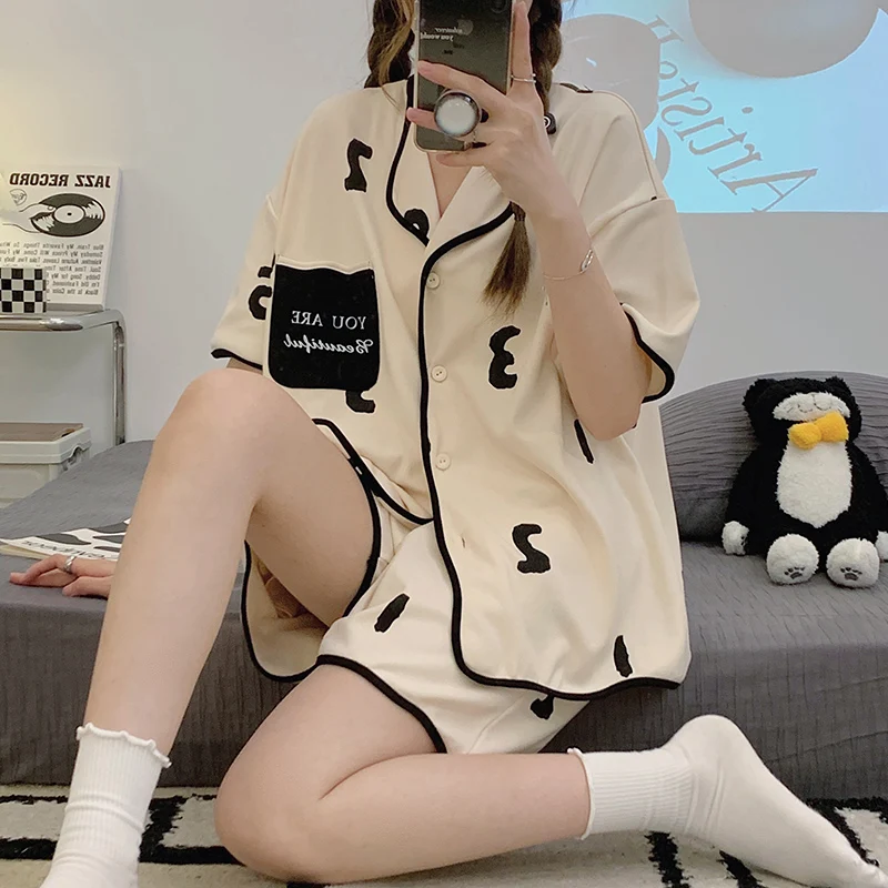 Summer Women Pyjamas New Cartoon Pajamas Sets Sleepwear Casual Nightwear Pijama Mujer Shorts short sleeve M-2XL Home Clothes Set