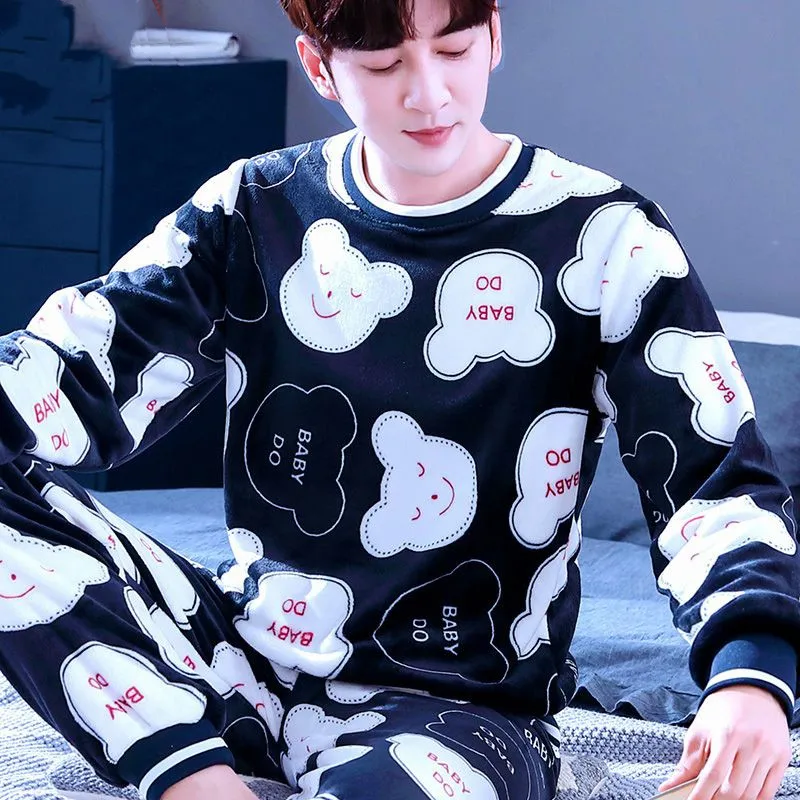 Flannel Pajamas Set Sexy Sleepwear For Man Soft Warm Pyjama Men's Winter 2022 Fashion Cartoon Homewear Clothes Big Size