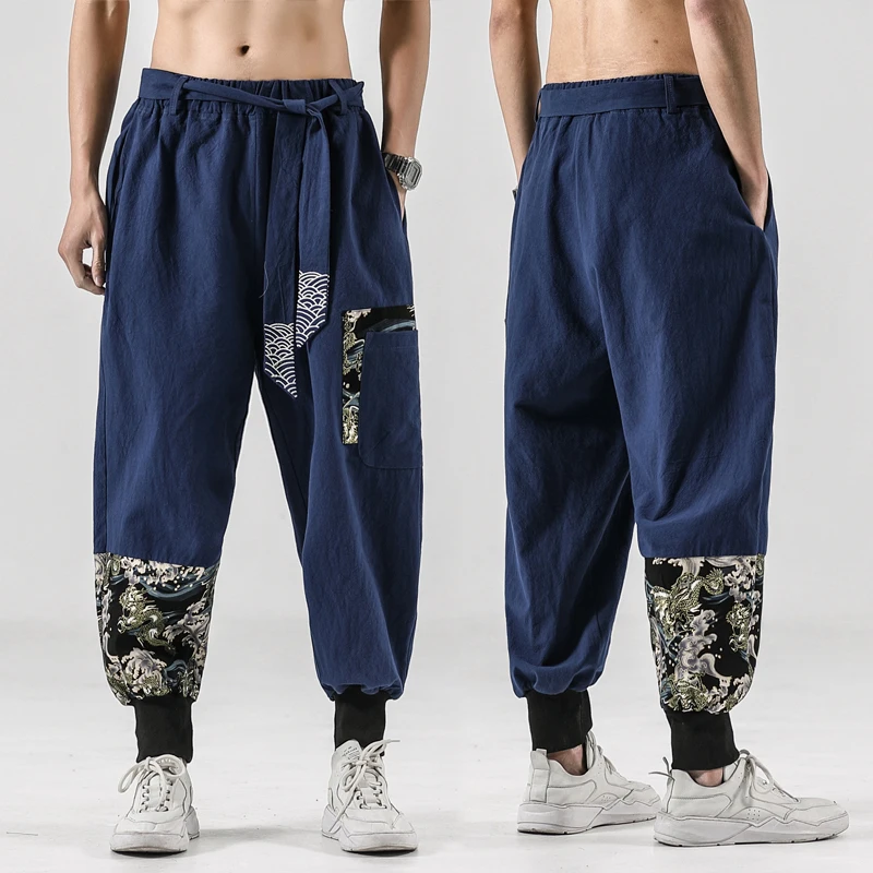 

2022 Men Streetwear Cotton Linen Cross-Pants Men Baggy Solid Black Harem Pants Male HipHop Joggers Trousers Man Wide Legs Pants