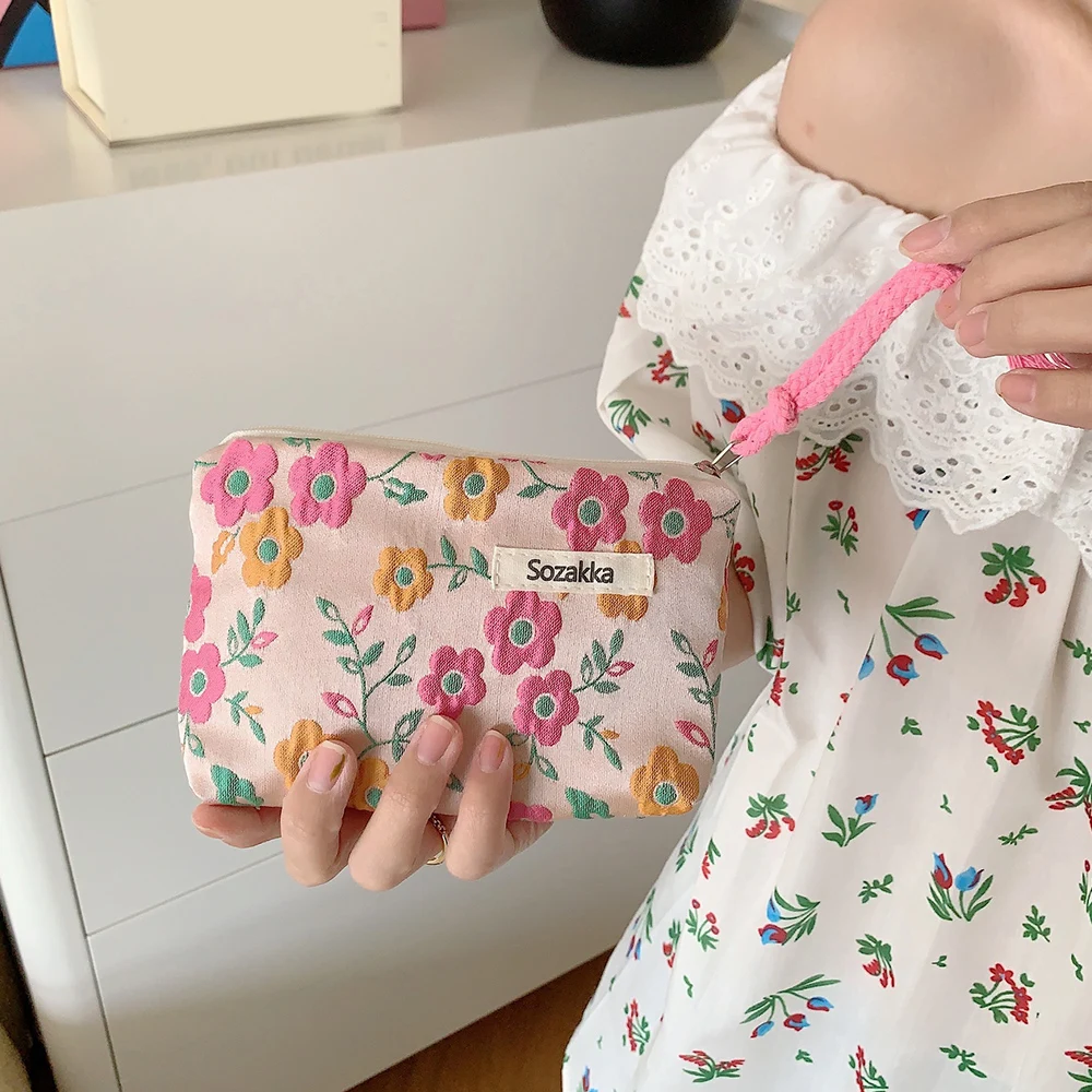 

Fashion Floral Lace Up Contrast Color Small Coin Bag Makeup Wallet Organizer Portable Cute Pouch INS Lipstick Mini Cosmetic Bag