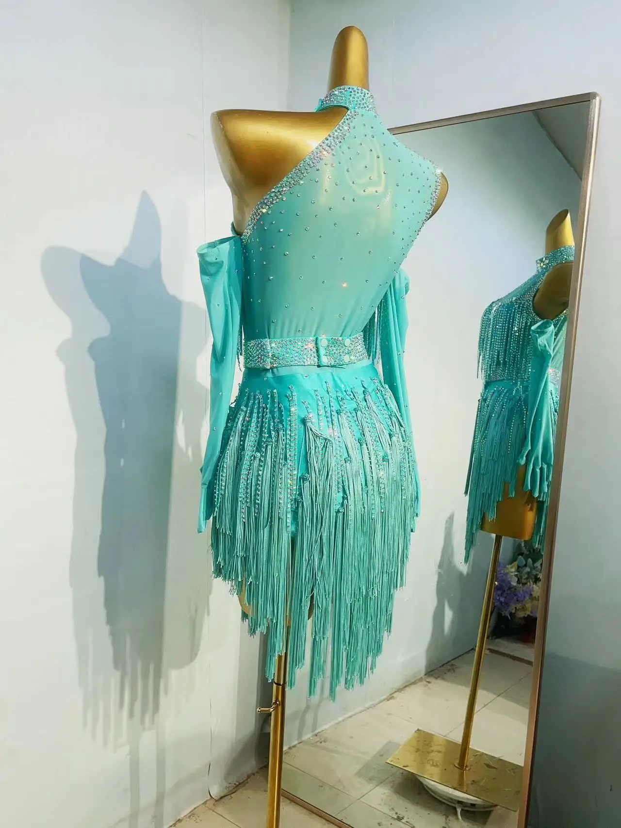 Женское платье для латиноамериканских танцев роскошное цельное со стразами