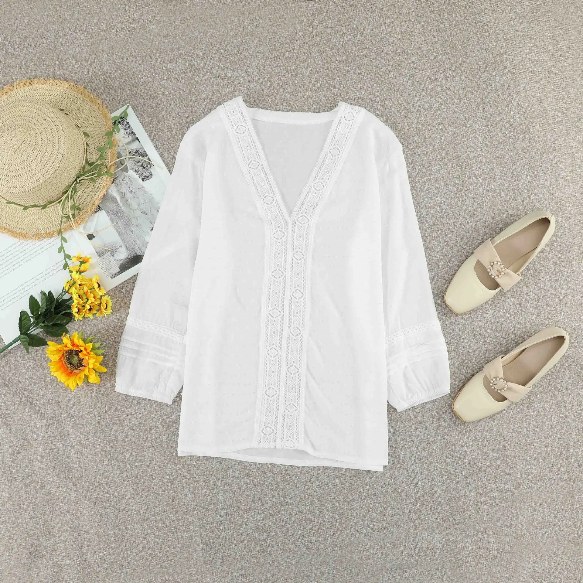 Женская шифоновая блузка в горошек однотонная кружевная жаккардовая Блузка с