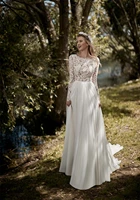 a line lace long sleeve chiffon wedding dress bohemian o neck open back sweep train bridal gown vestido de novia custom made