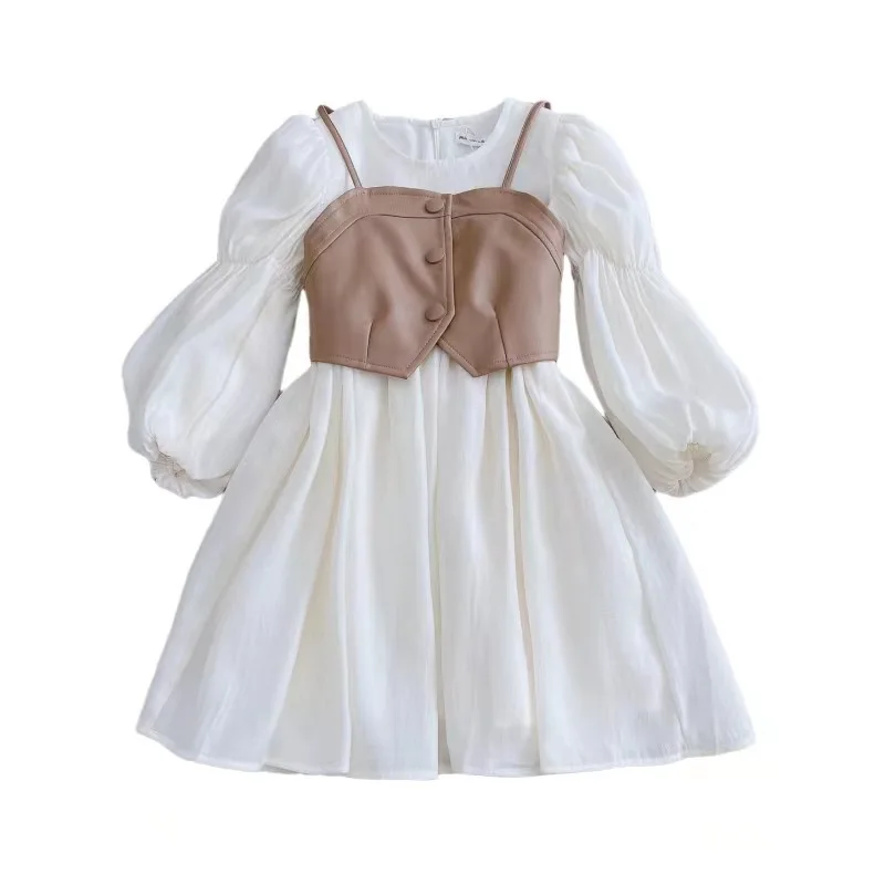 Mom and Daughter Parent-child Dresses 2022 Autumn School Girl Retro French Lantern Sleeve Dress Tube Top leather Vest Two-piece