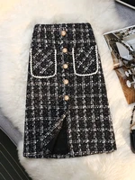 new vintage elegant tweed skirt women 2022 autumn winter high waist woolen a line skirt temperament skirt female