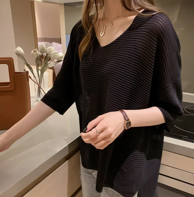 

ice silk knitted shirt medium length short sleeved T-shirt women's top