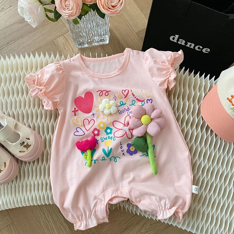 

Cute Baby Girl Floral Romper 2023 Summer Newborn Princess Short Sleeve 3D Flower Cotton Jumpsuit Playsuit Outfit Sunsuit Clothes