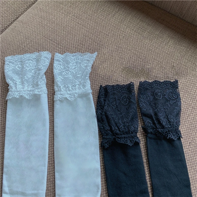 

Женские чулки до бедра с прозрачным цветочным кружевным верхом, лоскутные Гольфы выше колена, однотонные теплые колготки в стиле Харадзюку,...