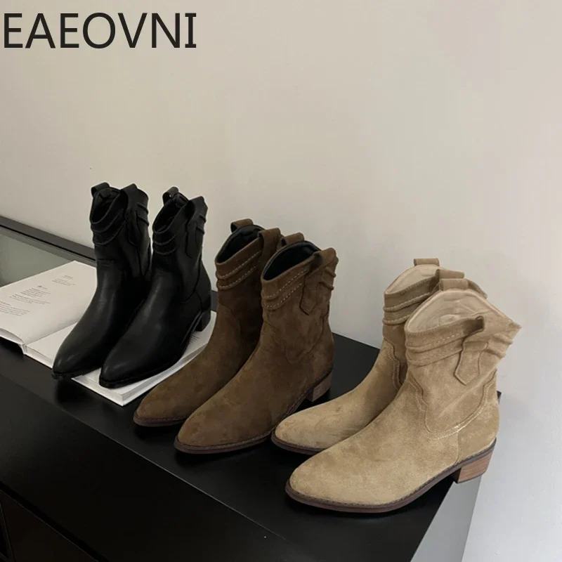 

Autumn Cowboy Boots For Women Fashion Slip On Short Boots Female Luxury Mid Heel Women's Winter Footwear