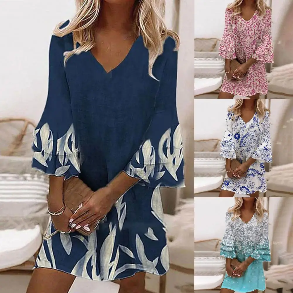 

Women Dress Floral Print V Neck Spring Summer Temperament Above Knee Dress for Office