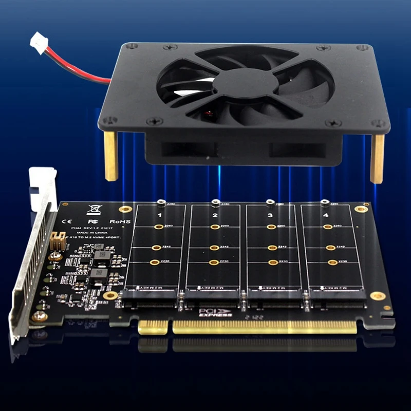 PCIE To 4XM.2 M KEY NVME SSD Карта расширения PCIE16X с охлаждающим вентилятором для настольных