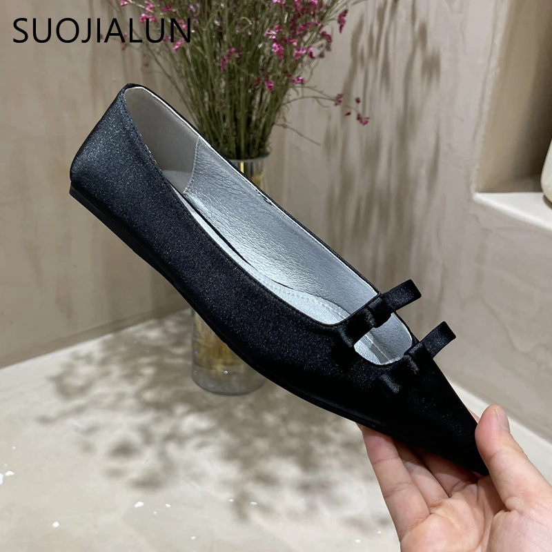 SUOJIALUN 2022 New Spring Flats Shoes Pointed Toe Shallow Slip On Ladies Elegant Ballerina Fashion Bow-knot Casual Women Loafers