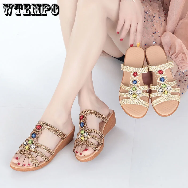 WTEMPO Bohemia Style Weave Wedge Slippers Women 2023 Summer Soft Sole Sandals Comfortable Non Slip Beach Slides Wholesale