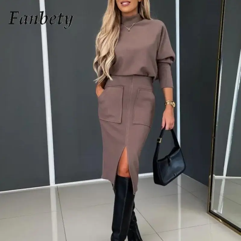 

Women Long-Sleeve Pullover Commuter Two-Piece Casual Solid-Color Pocket Suit Elegant Turtleneck Sweater Top And Slim Split Skirt