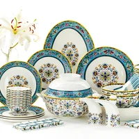 enamel color bone china tableware set 60 head household chinese court table bowl and plate set